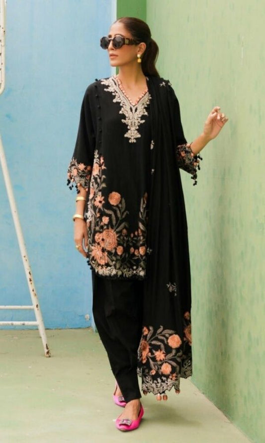 Dhanak 3pc heavy embroidered shirt with dhanak embroidered pallu shawl