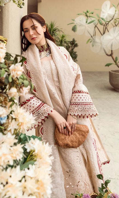 Lawn 3pc unstitched luxury fully chiken kari embroidered suit with embroidered dupatta