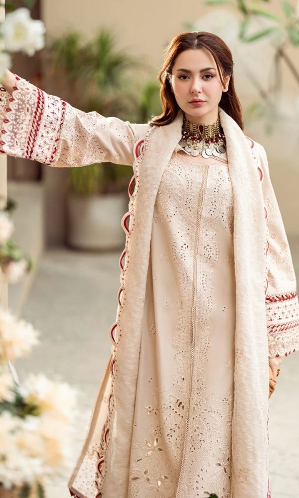 Lawn 3pc unstitched luxury fully chiken kari embroidered suit with embroidered dupatta