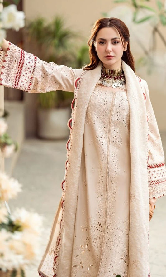 Lawn 3pc unstitched luxury fully chiken kari embroidered suit with embroidered dupatta