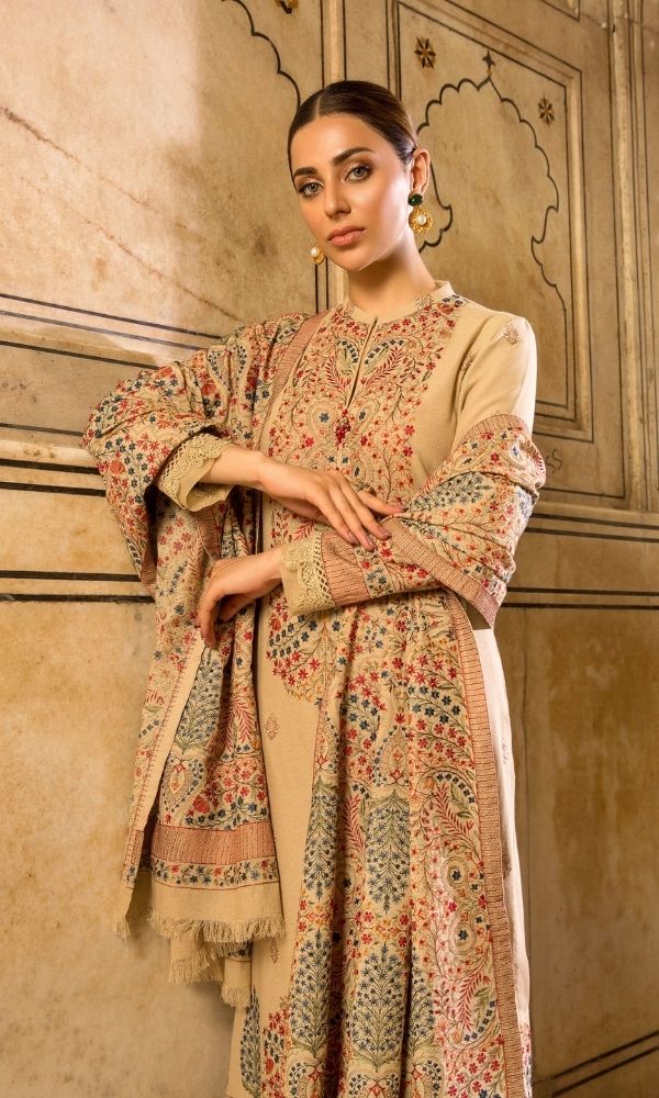 Dhanak unstitched 3pc heavy embroidered shirt with heavy embroidered shawl