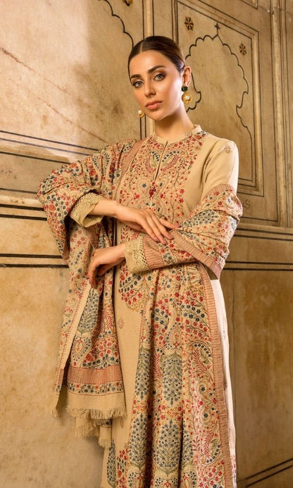 Dhanak unstitched 3pc heavy embroidered shirt with heavy embroidered shawl