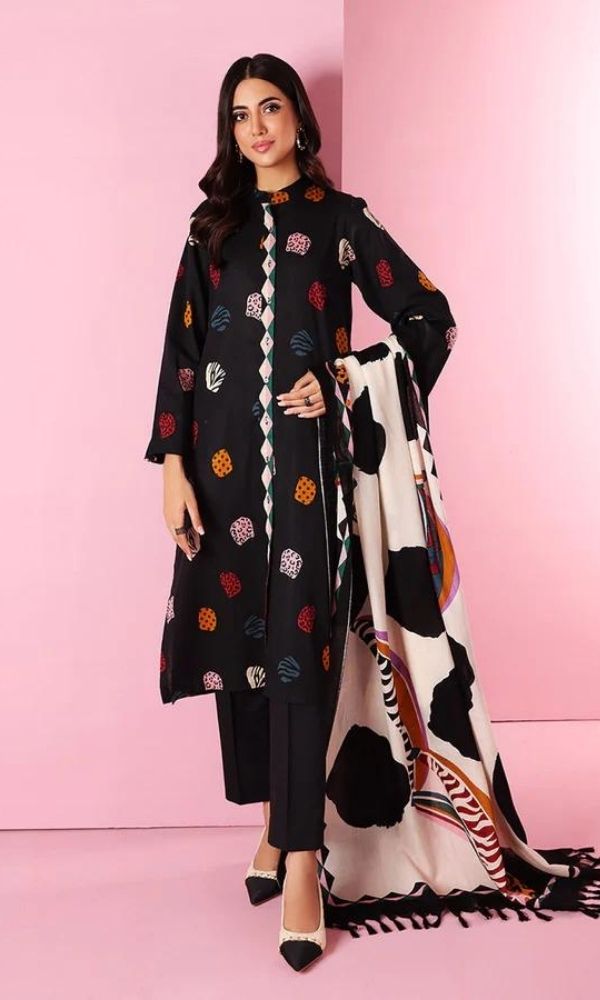 Dhanak 3pc unstitched embroidered shirt with printed wool shawl