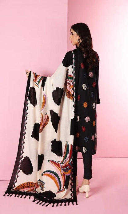 Dhanak 3pc unstitched embroidered shirt with printed wool shawl