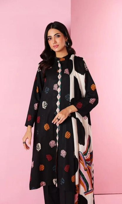 Dhanak 3pc unstitched embroidered shirt with printed wool shawl