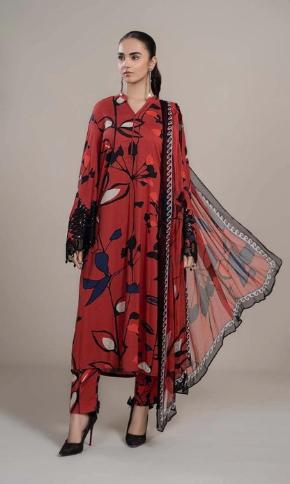 Lawn digital printed 3pc suit with patches