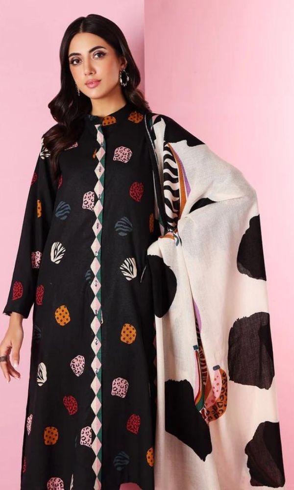 Dhanak 3pc unstitched embroidered shirt with printed wool shawl