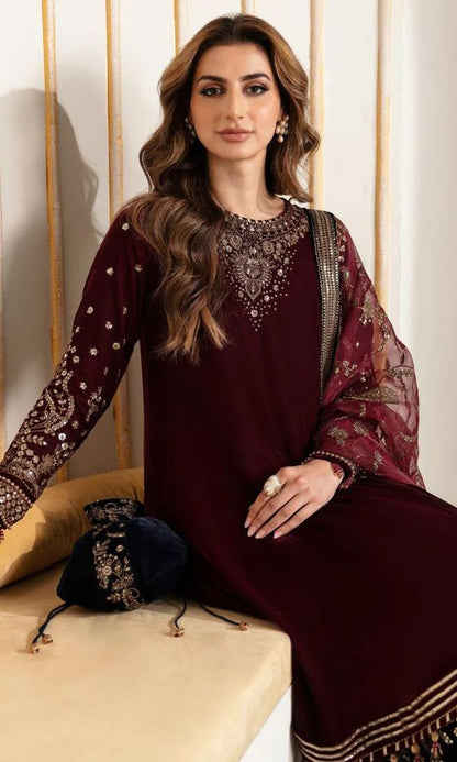 velvet 3pc unstitched sequence embroidered collection with embroidered dupatta and trouser