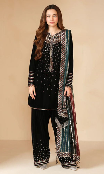 Velvet 3pc unstitched heavy sequence embroidered suit
