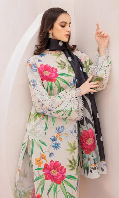 Lawn 3pc unstitched digital printed suit with patches and silk dupatta