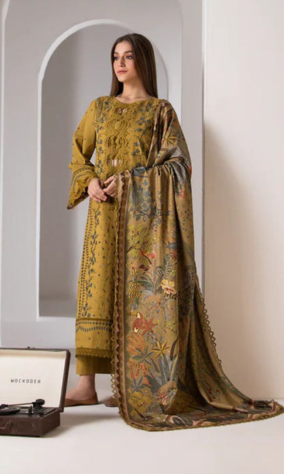 Lawn 3pc unstitched heavy embroidered suit with poly lawn digital printed dupatta