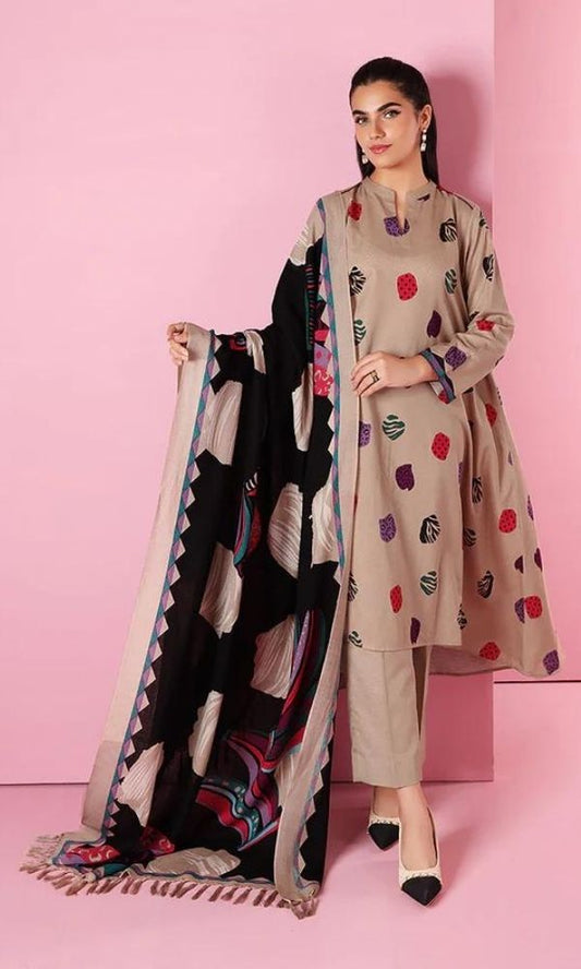 Dhanak 3pc unstitched embroidered shirt with printed wool shawl