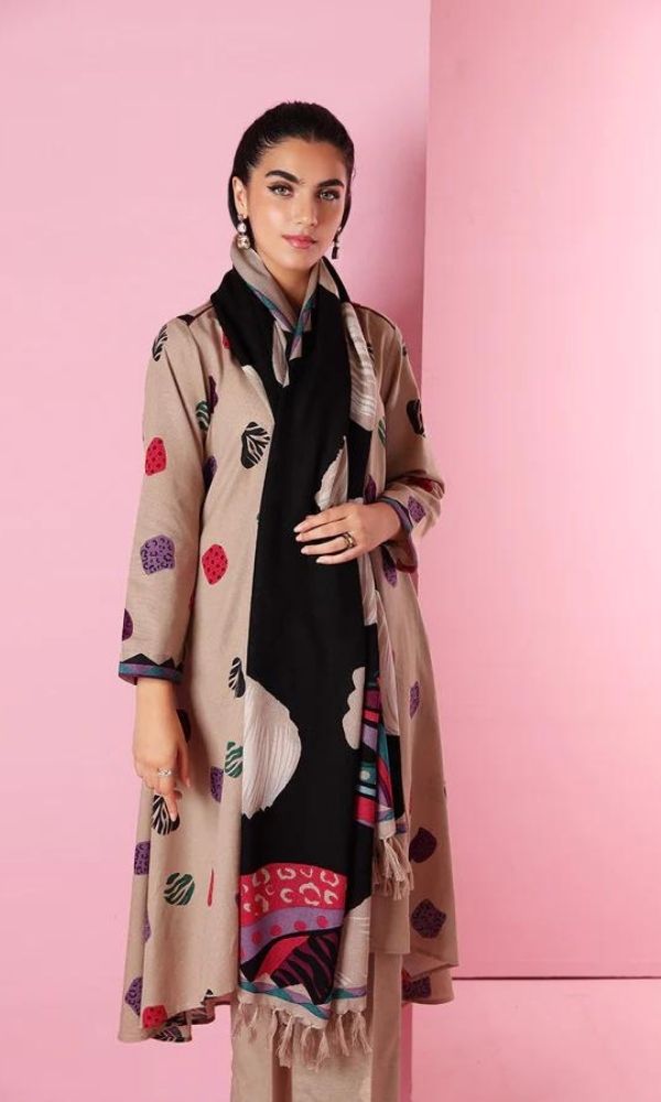 Dhanak 3pc unstitched embroidered shirt with printed wool shawl