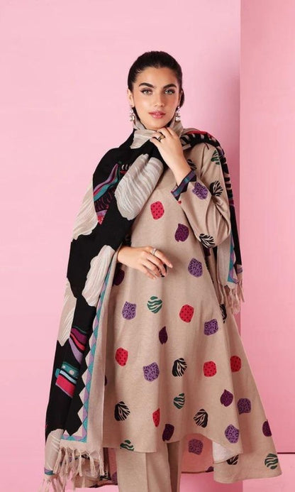 Dhanak 3pc unstitched embroidered shirt with printed wool shawl