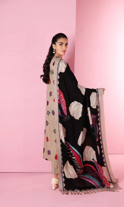 Dhanak 3pc unstitched embroidered shirt with printed wool shawl