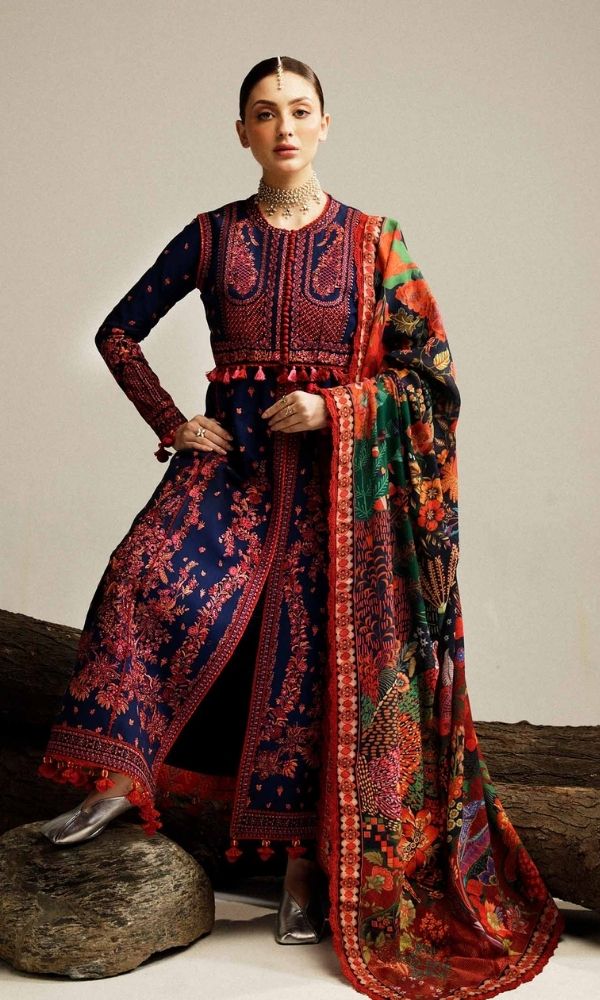 Dhanak 3pc unstitched embroidered suit with digital printed wool shawl
