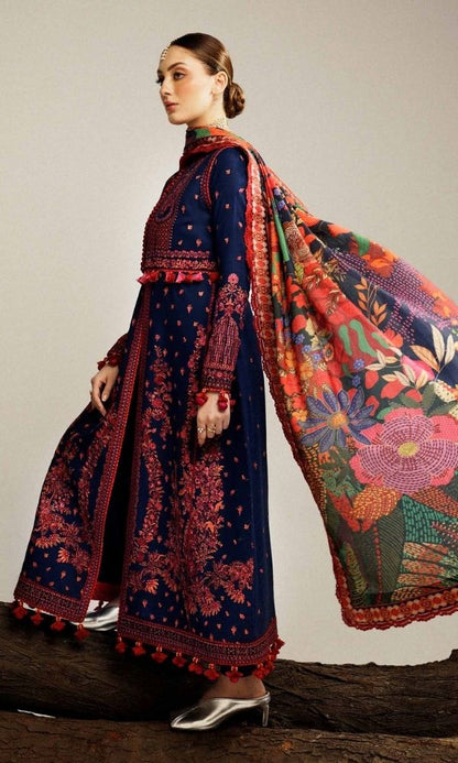 Dhanak 3pc unstitched embroidered suit with digital printed wool shawl