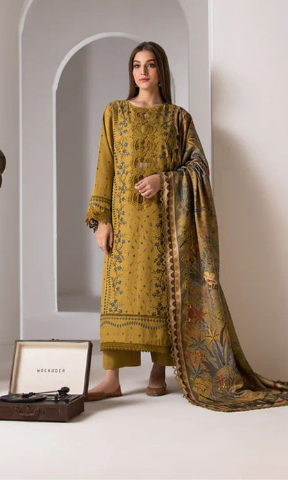 Lawn 3pc unstitched heavy embroidered suit with poly lawn digital printed dupatta