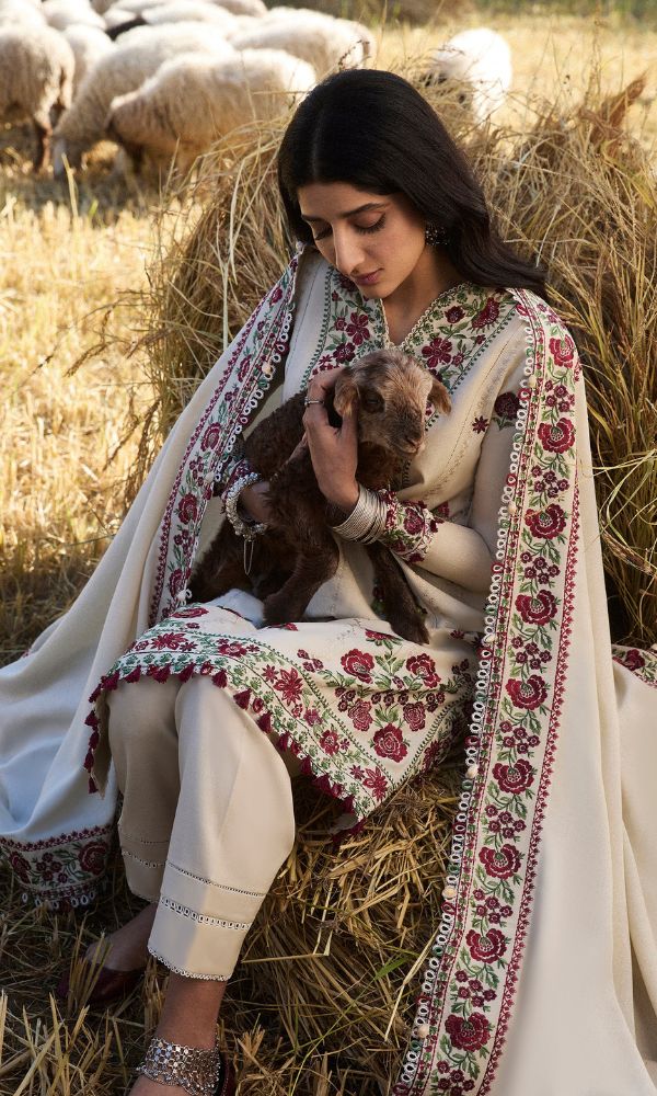 Dhanak 3pc unstitched embroidered suit with embroidered shawl