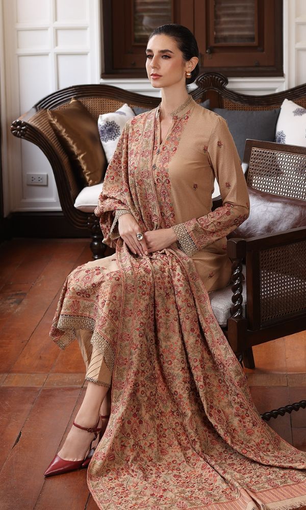 Dhanak 3pc unstitched heavy embroidered shirt with heavy embroidered shawl