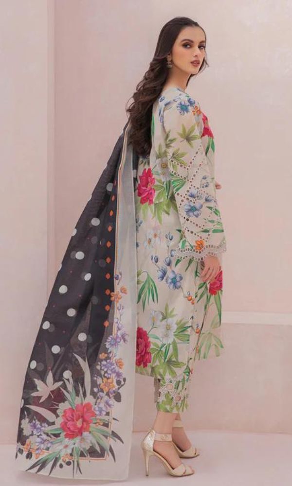 Lawn 3pc unstitched digital printed suit with patches and silk dupatta