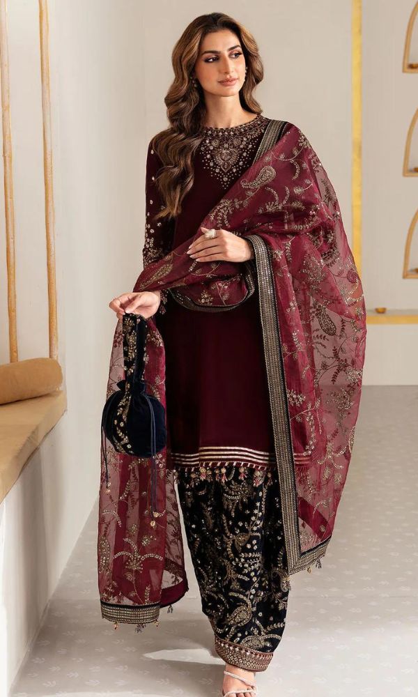 velvet 3pc unstitched sequence embroidered collection with embroidered dupatta and trouser