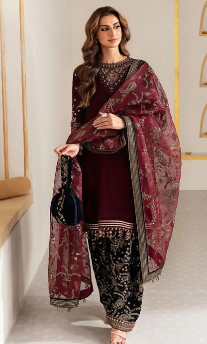 velvet 3pc unstitched sequence embroidered collection with embroidered dupatta and trouser