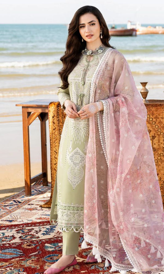 Lawn 3pc unstitched chiken kari heavy embroidered suit with poly lawn digital printed dupatta