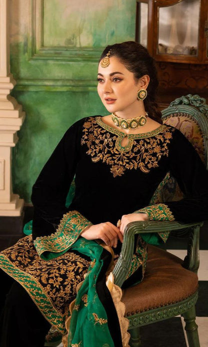 3pc VELVET unstitched heavy embroidered shirt with embroidered trouser patches