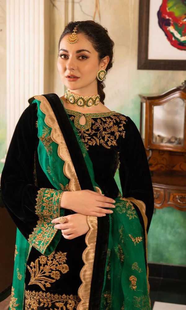 3pc VELVET unstitched heavy embroidered shirt with embroidered trouser patches