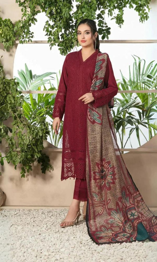 Lawn 3pc chiken kari embroidered suit with monar printed dupatta