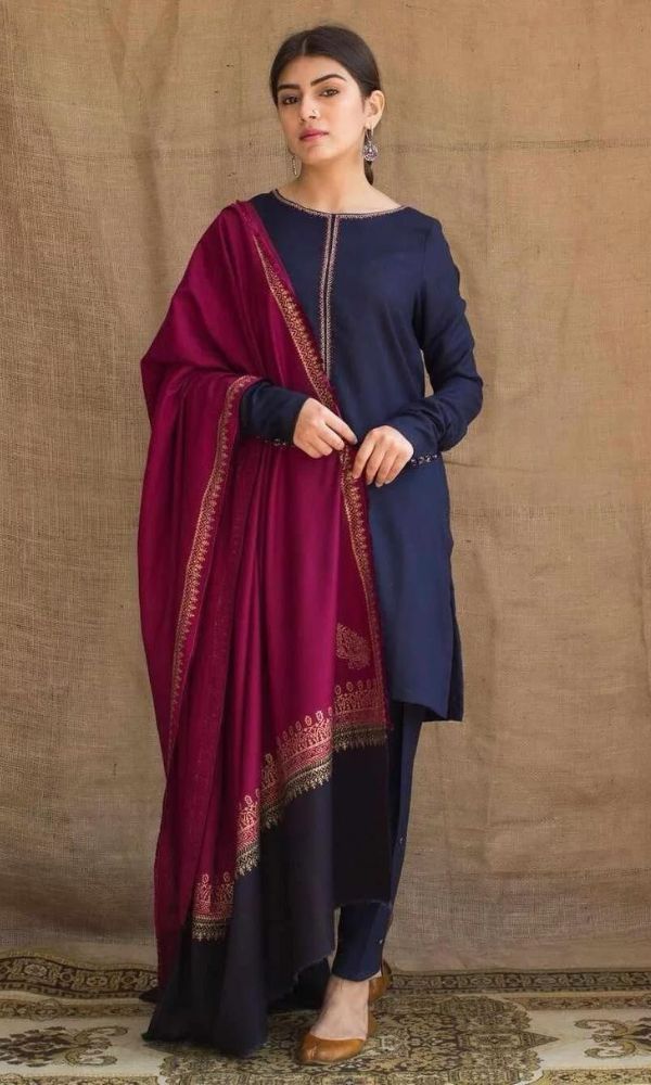 Dhanak 3pc unstitched shirt with patches with printed wool shawl
